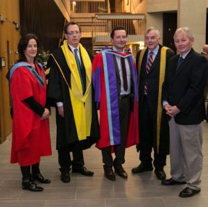 Bernal Professor Inaugral Lecture from Left Dr Mary Shire (VP Research at UL) , Professor Edmond Magner (Dean Science and Engineering), Professor Gavin Walker (Bernal Chair) Professor Don Barry (President UL) and Prof Tony Pembroke (Head of Department and Pembroke Lab!)
